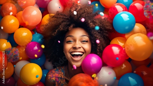 An exuberant woman in festive attire smiling among a vibrant array of colorful balloons