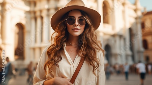 A stylish woman in a wide-brimmed hat and sunglasses walks through an urban setting with historic architecture