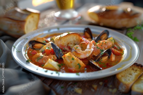 A plate of seafood and bread on a table. Perfect for restaurant menus