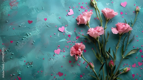 Mother's Day fashionable layout: Overhead shot of fresh carnations, sentimental message, tiny hearts, and confetti on a delicate teal surface, with blank space for words or adverts 