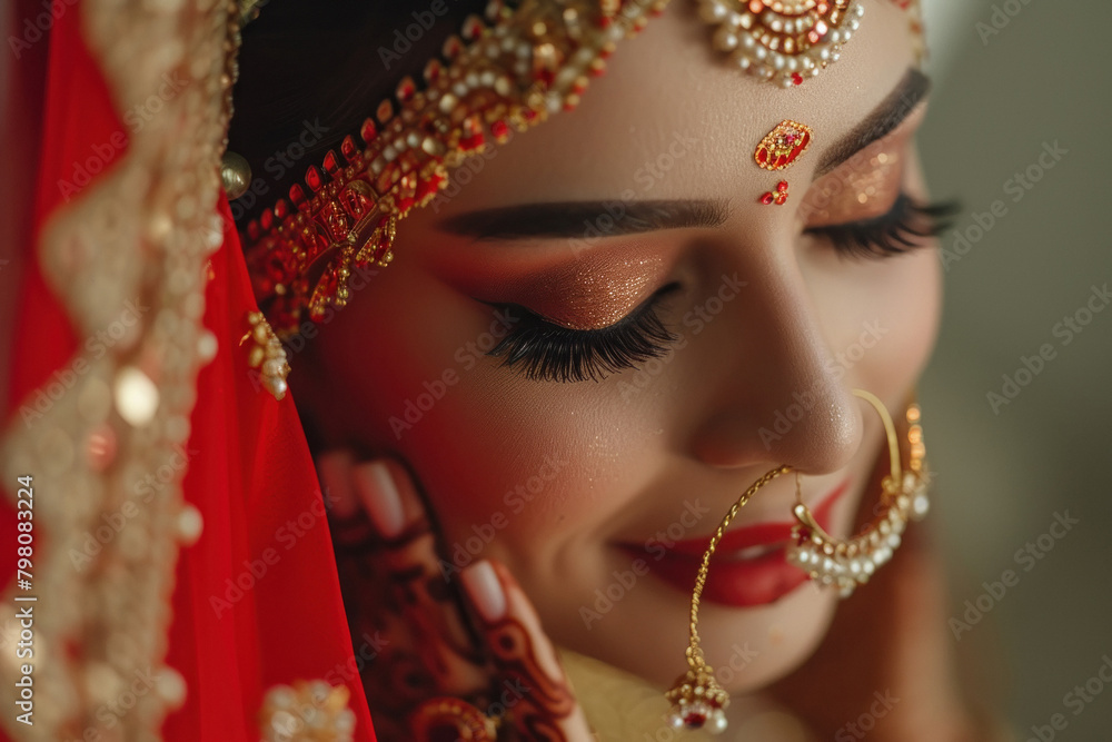 Beautiful indian bride doing make up in front of mirror Beautiful indian bride doing make up in front of mirror