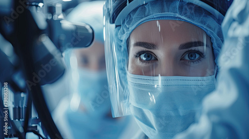 portrait of a female doctor in a protective suit and mask