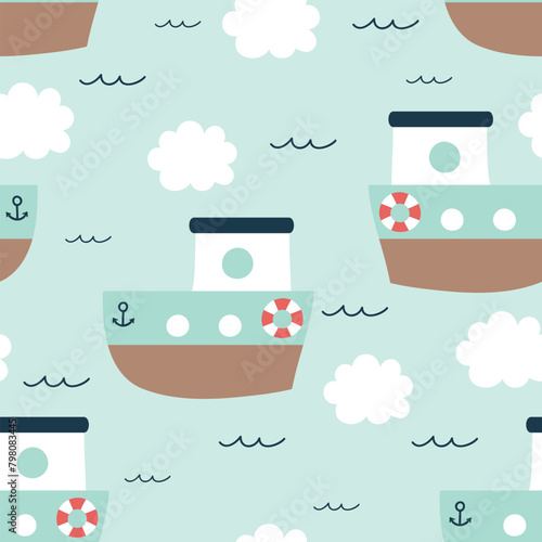 Seamless pattern with cute ship. Sea background with cute ship, clouds and wave. Childish vector illustration. It can be used for wallpapers, wrapping, cards, patterns for clothes and other.