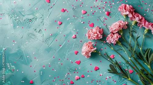 Mother's Day fashionable layout: Overhead shot of fresh carnations, sentimental message, tiny hearts, and confetti on a delicate teal surface, with blank space for words or adverts 