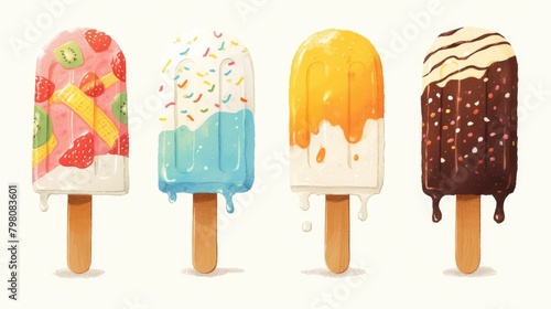 An illustration of two ice creams on sticks in 2d format set against a white background © AkuAku