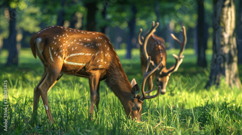 Brown sharp-horned deer graze in the green field.