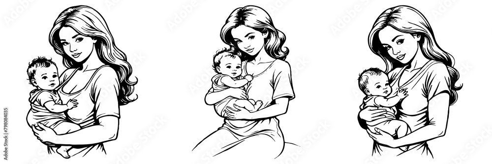Black and white illustration. Mother's Day card design. Fictional characters. Generated by Ai Black and white illustration. Mother's Day card design. Fictional characters. Generated by Ai