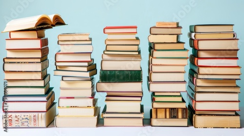Various stacks of books on minimalist flat color background