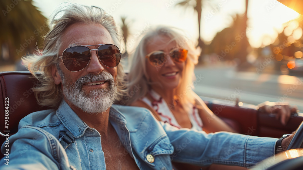 Elderly couple enjoying a sunny drive in a convertible, both wearing sunglasses with smiles, embodying leisure and happiness. Elderly couple enjoying a sunny drive in a convertible, both wearing sunglasses with smiles, embodying leisure and happiness.