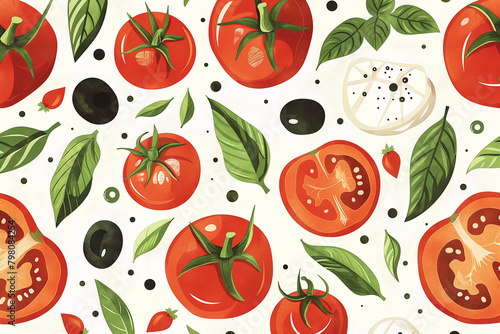 Festive Italian menu, vibrant and colorful with illustrations of ingredients like tomatoes, basil, and mozzarella, festive and appetizing, copy space 
