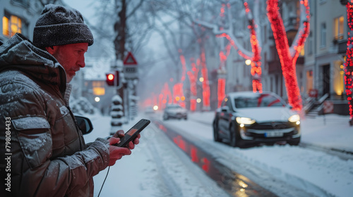 Man using smartphone by the roadside on a snowy day with red holiday lights on trees and a car approaching. © Na-No Photos