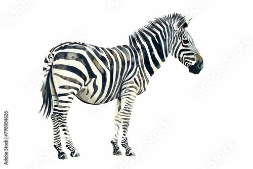 A zebras striking stripes dazzle in a clean  minimal watercolor style illustration isolated on white background