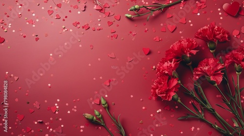 Mother's Day fashionable layout: Overhead shot of fresh carnations, sentimental message, tiny hearts, and confetti on a delicate red surface, with blank space for words or adverts 