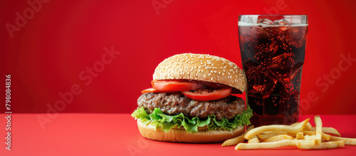 Fried fries and Hamburger, sparkling water drink in glass, colored background with copy space. Banner template for fast food street food. photo