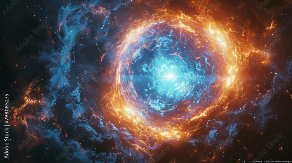 A bright, swirling cosmic object, likely a nebula or galaxy, with intense blue and orange hues against the darkness of space. A bright, swirling cosmic object, likely a nebula or galaxy, with intense blue and orange hues against the darkness of space.