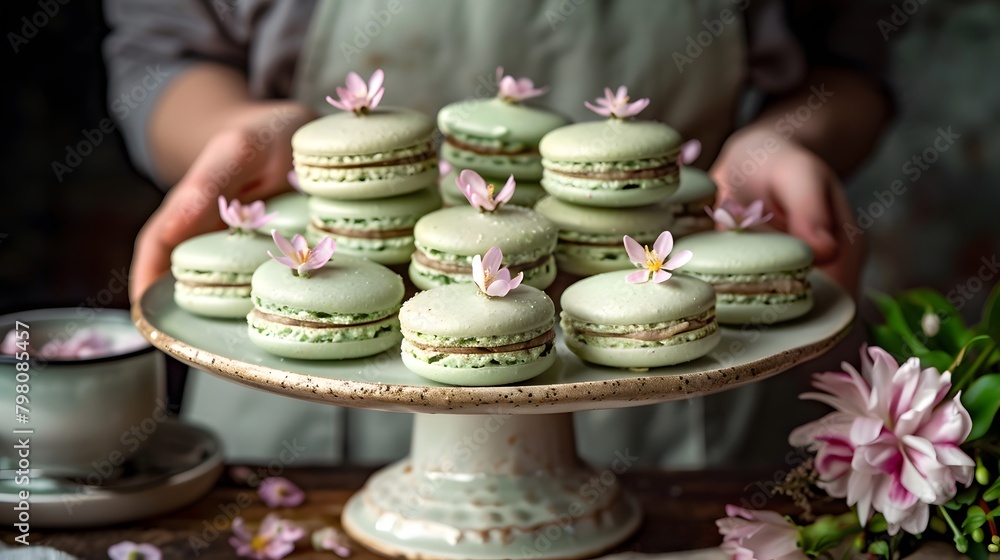 Floral Fantasy: Edible Flowers in Sage Green Macaroon Decoration