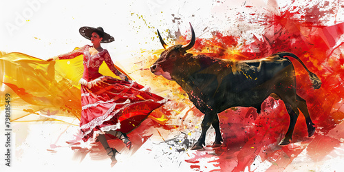 Spanish Flag with a Flamenco Dancer and a Bullfighter - Visualize the Spanish flag with a flamenco dancer representing Spain's flamenco culture and a bullfighter