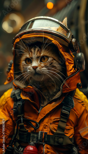 The preparedness of a rescue cat, its attire reflecting dedication to duty.
