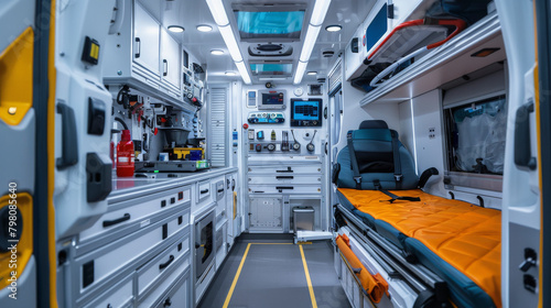 Interior of a modern, well-equipped ambulance showing medical equipment, storage cabinets, stretcher, and seating area.
