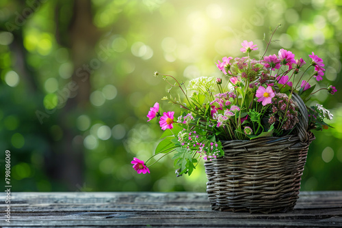 Bouquet of flowers in a wicker basket on a garden table with an abstracted natural green background. spring and summer months. rustic still scene with flowers from a meadow. a design template