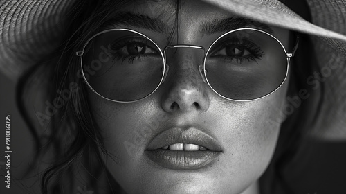 A retro black-and-white shot of a girl in a hat and glasses recreates the atmosphere of style and elegance, takes us back to the distant times of sublime beauty and grace photo