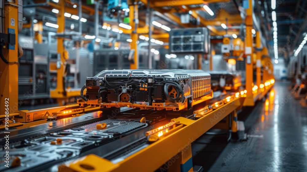Electric vehicle battery assembly line with robotic equipment in a modern automotive manufacturing factory. Electric vehicle battery assembly line with robotic equipment in a modern automotive manufacturing factory.