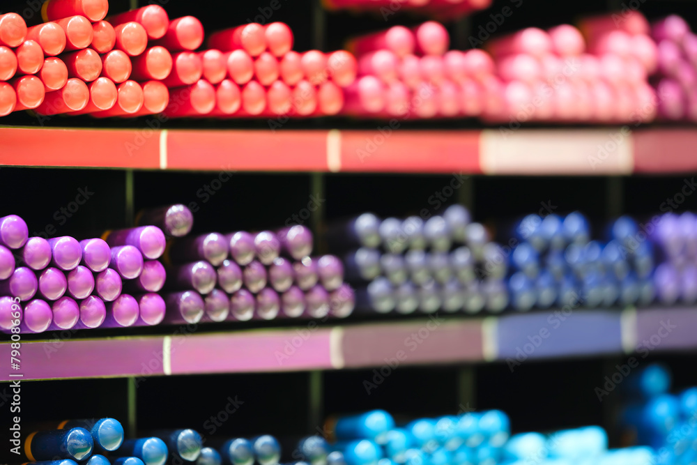 A colorful display of pens and pencils with the numbers 1 through 7 on the side. The pens are arranged in rows and are of various colors A colorful display of pens and pencils with the numbers 1 through 7 on the side. The pens are arranged in rows and are of various colors