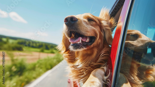 Golden Retriever enjoying a car ride with its head out the window, hair blowing in the wind, looking happy.