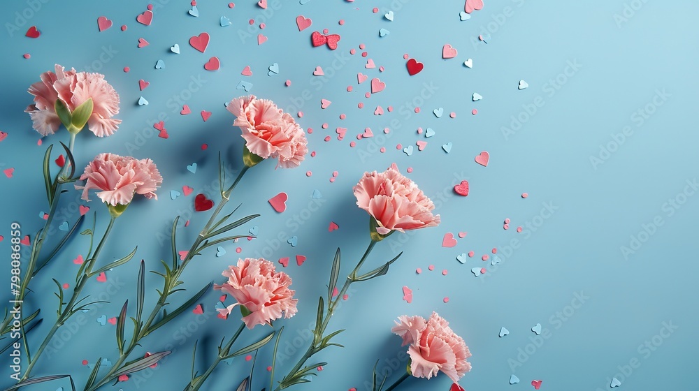 Mother's Day fashionable layout: Overhead shot of fresh carnations, sentimental message, tiny hearts, and confetti on a delicate blue surface, with blank space for words or adverts Mother's Day fashionable layout: Overhead shot of fresh carnations, sentimental message, tiny hearts, and confetti on a delicate blue surface, with blank space for words or adverts