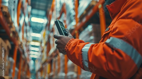 worker using scanner, warehouse worker scanning code. logistics manager checking goods in stock using barcode scanner on freight parcels in storehouse photo