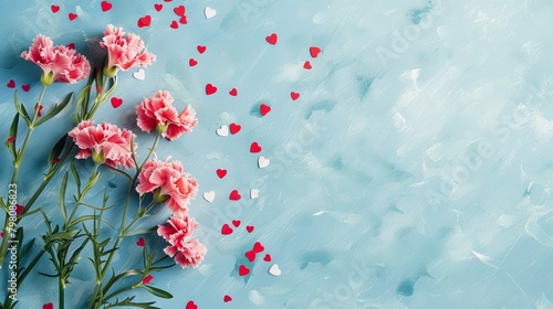 Mother's Day fashionable layout: Overhead shot of fresh carnations, sentimental message, tiny hearts, and confetti on a delicate blue surface, with blank space for words or adverts 