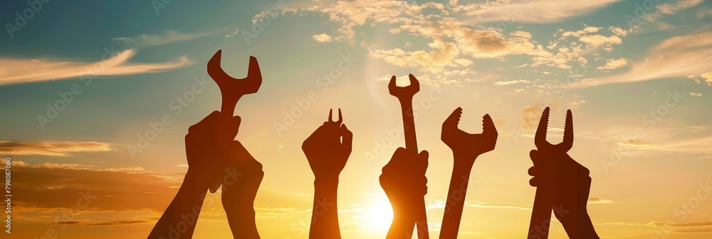 Fototapeta premium Digital composite of Silhouette hands holding tools against sky, worker's day, labor day