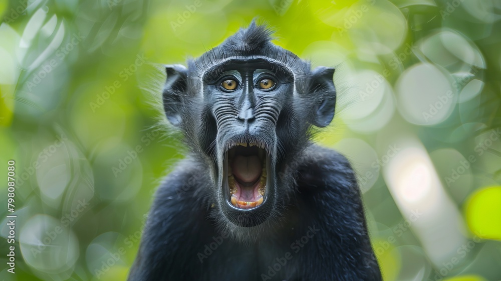Vibrant close-up: celebes crested macaque displaying open mouth, set against lush greenery of sulawesi island, indonesia's natural habitat Vibrant close-up: celebes crested macaque displaying open mouth, set against lush greenery of sulawesi island, indonesia's natural habitat