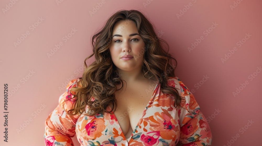a woman with big breast posing for a picture in a floral shirt a woman with big breast posing for a picture in a floral shirt