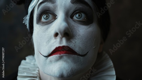 Close up of a person with a clown face paint, suitable for circus or entertainment themes