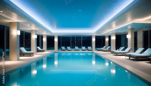 Swimming pool at night with blue lights
