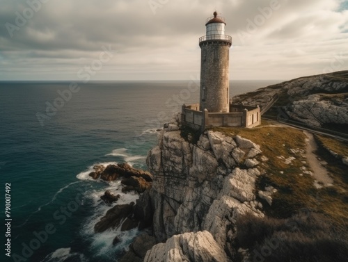 An old lighthouse on top of a cliff against the backdrop of the sea. AI generative. photo