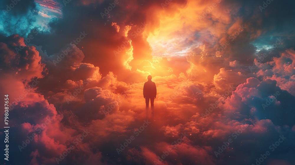 a man standing in the middle of a large cloud filled sky with a bright sun in the distance above