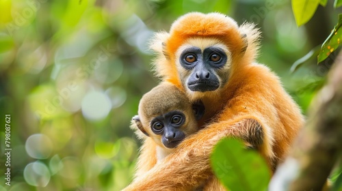 Adorable close-up: yellow cheeked gibbon mother and child in lush forest habitat