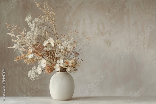 A white vase filled with dried flowers on a table. Suitable for interior design concepts