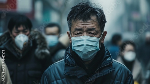 a man wearing a face mask in a crowd of people wearing masks on a city street with people walking by..