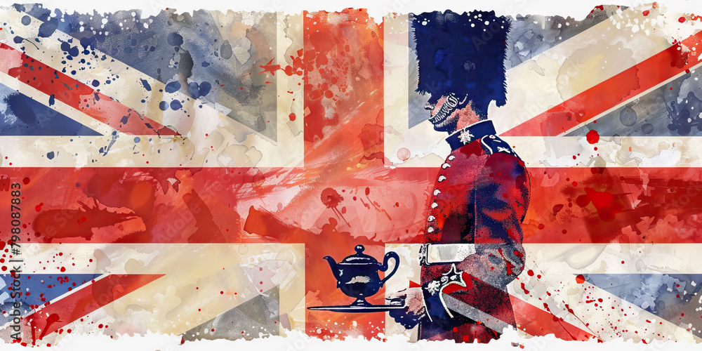 British Flag with a Royal Guard and a Tea Server - Picture the British flag with a royal guard representing British royalty and a tea server British Flag with a Royal Guard and a Tea Server - Picture the British flag with a royal guard representing British royalty and a tea server