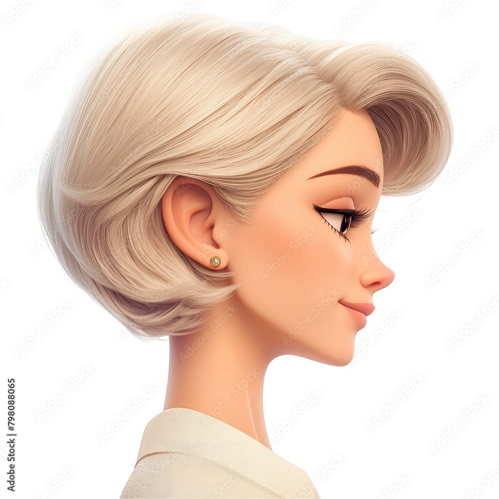Naklejka premium A middle aged Caucasian blonde cartoon woman is portrayed in profile against a plain transparent background