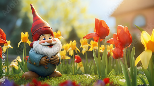 A garden gnome stands in a field of flowers, smiling. © PARALOGIA