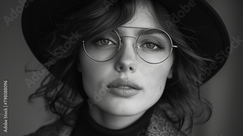 A retro black-and-white shot of a girl in a hat and glasses recreates the atmosphere of style and elegance, takes us back to the distant times of sublime beauty and grace photo