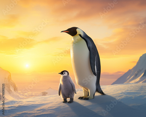 A penguin and its chick stand on a snowy hilltop at sunset.