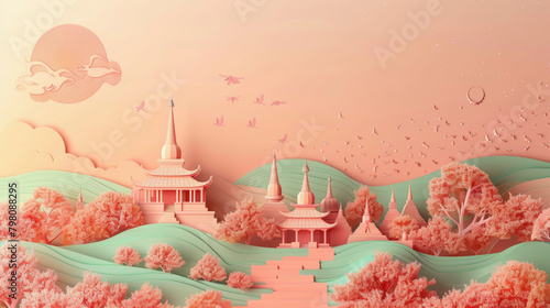 A serene, pastel-hued illustration featuring Asian-style pagodas amidst rolling hills with trees, under a peaceful sky with flying birds.