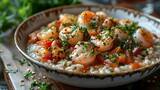 Seafood risotto dish with a variety of fruits from the sea. Concept Seafood Risotto, Fruits of the Sea, Gourmet Dish, Culinary Creations,