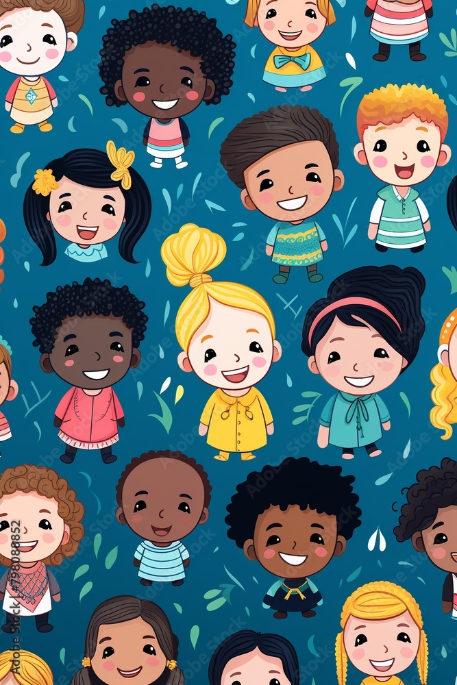 Diverse kids portraits, vibrant individual backgrounds, for inclusive textile designs , flat graphic drawing Diverse kids portraits, vibrant individual backgrounds, for inclusive textile designs , flat graphic drawing