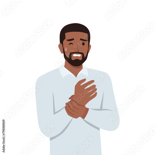 Young man feel numbness in one hand. Muscle or bone problem. Wrist injured. Flat vector illustration isolated on white background